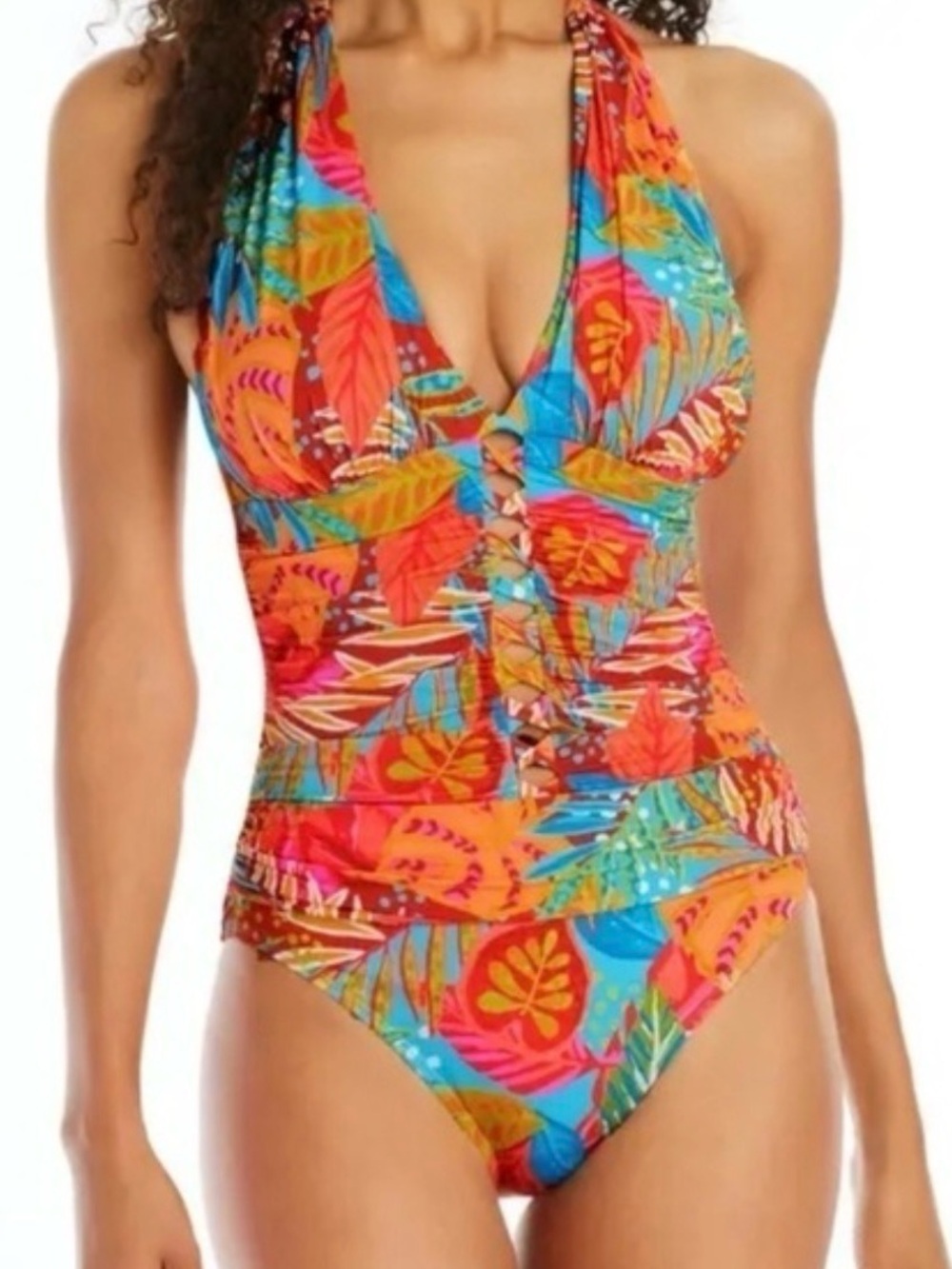 Bleu Rod Beattie Tropical Halter One Piece Swimsuit Ruched Size 10